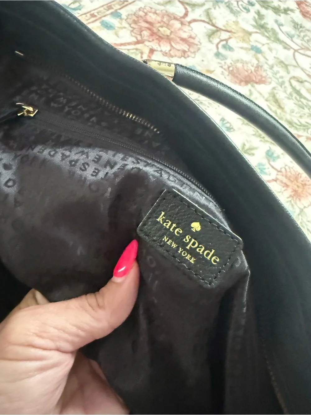 kate spade Black Tote with Leopard Pocket and Burgundy Tassel